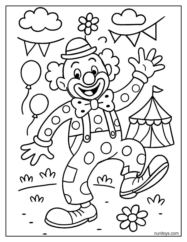 Happy clown dancing near circus tent with balloons coloring page