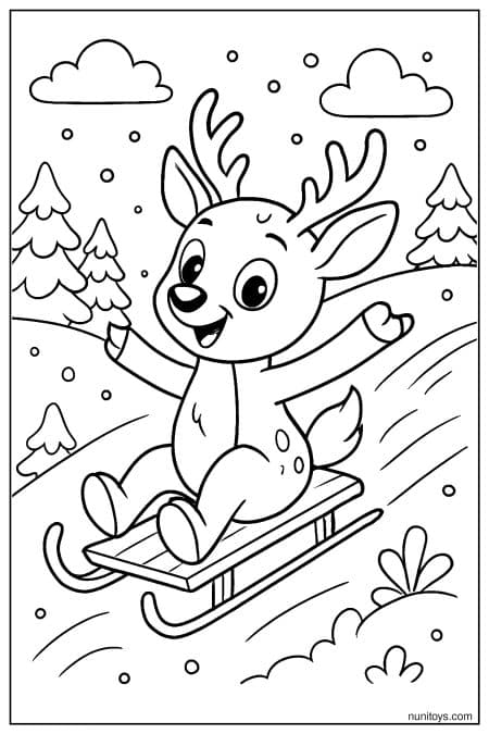 Happy Deer Sledding Down Snowy Hill Coloring Sheet