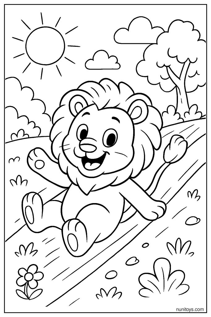 Playful Lion Sliding Down a Hill Coloring Page