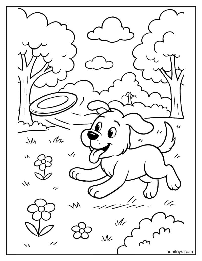 דף צביעה של כלב רץ אחרי פריזבי בגינה