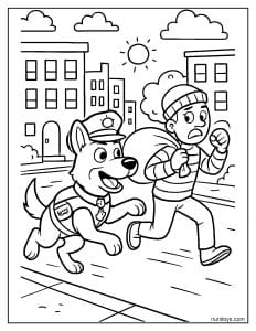 דף צביעה של כלב משטרה רודף אחרי חשוד ברחוב העיר