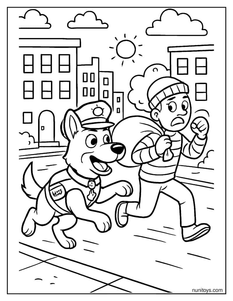 דף צביעה של כלב משטרה רודף אחרי חשוד ברחוב העיר