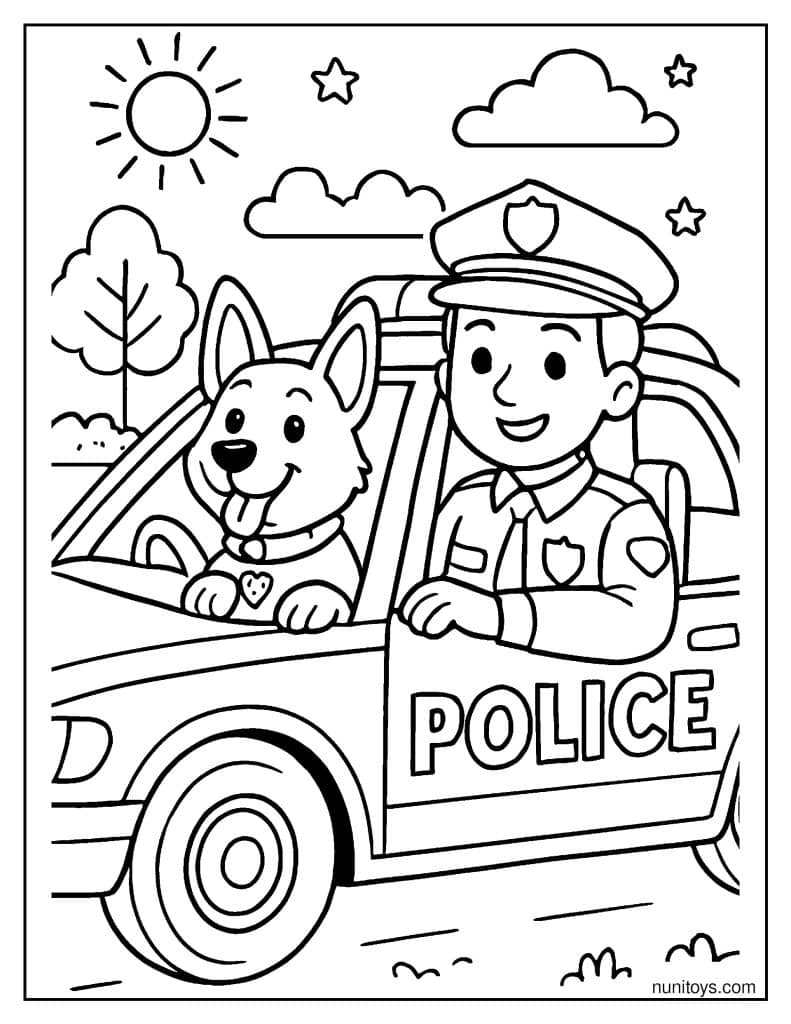 דף צביעה של שוטר וכלב משטרה נוסעים בניידת