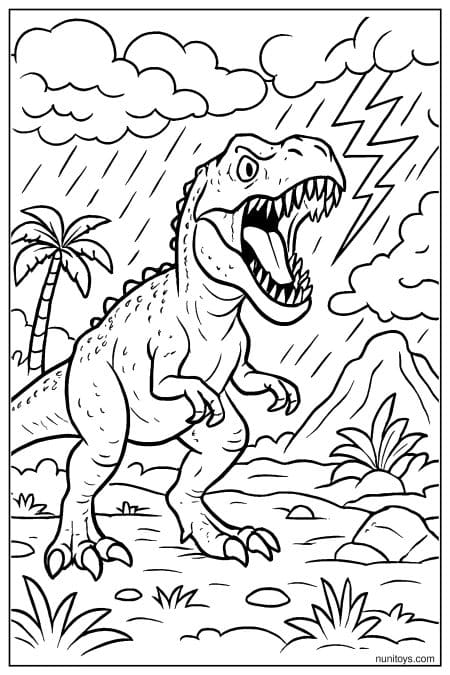 Allosaurus roars under lightning storm in rocky landscape Coloring Page