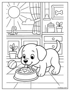 דף צביעה של גור כלבים אוכל מקערה במטבח מואר