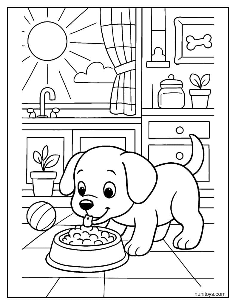 דף צביעה של גור כלבים אוכל מקערה במטבח מואר