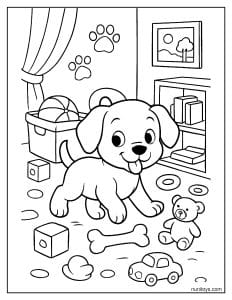 דף צביעה של גור כלבים משחק בחדר מלא צעצועים