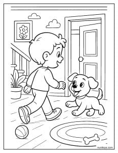 דף צביעה של גור כלבים עוקב אחרי הילד בבית