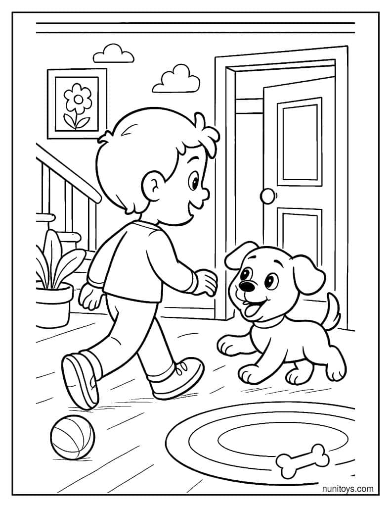 דף צביעה של גור כלבים עוקב אחרי הילד בבית