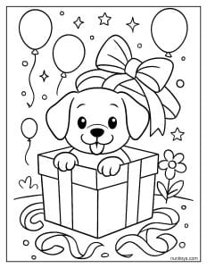 דף צביעה של גור כלבים חמוד מציץ מתוך קופסת מתנה