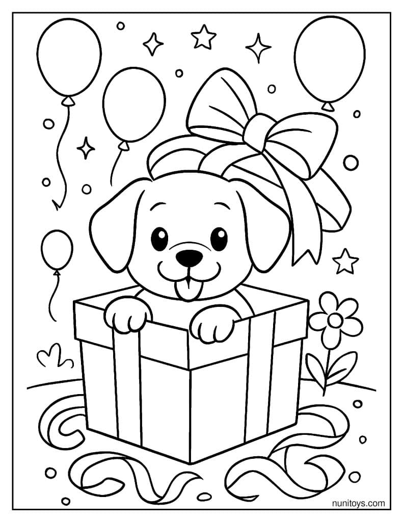 דף צביעה של גור כלבים חמוד מציץ מתוך קופסת מתנה