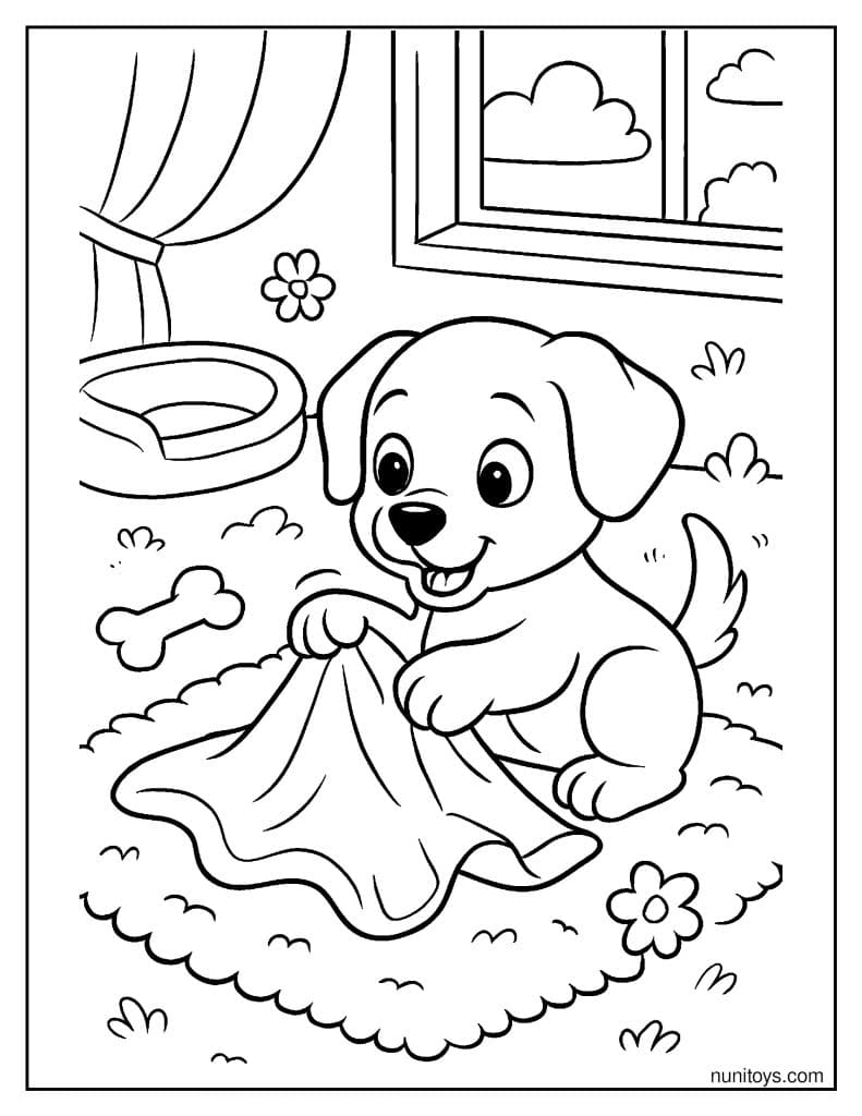 דף צביעה של גור כלבים משחק עם שמיכה על שטיח רך