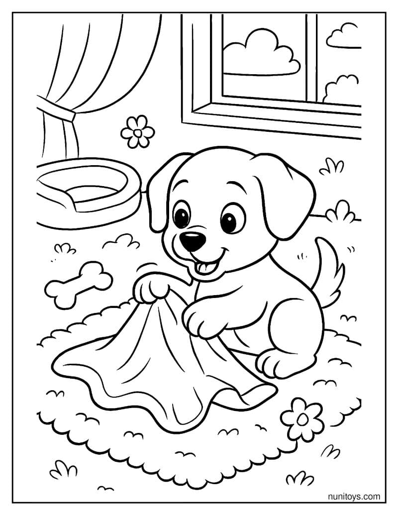 דף צביעה של גור כלבים משחק עם שמיכה על שטיח רך