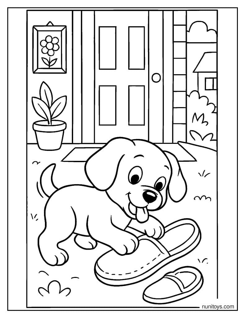 Puppy Playing with Slippers Near the Front Door Coloring Page