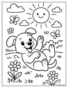 דף צביעה של כלב מתגלגל בשמחה בשדה פרחים