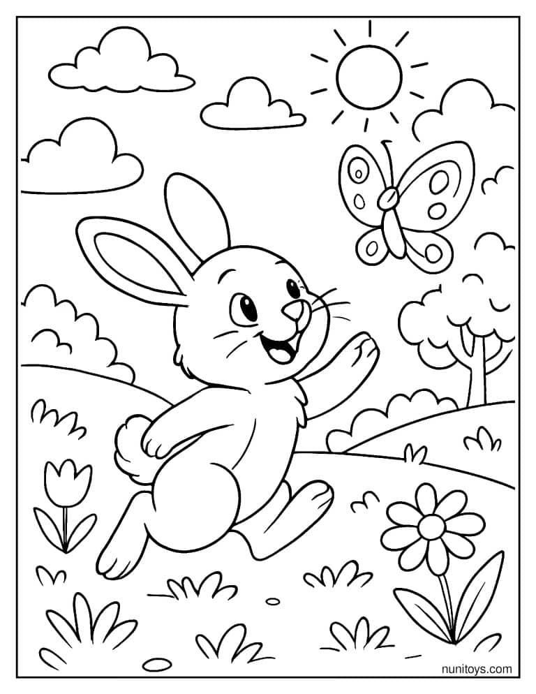 Coloriage lapin courant après un papillon dans la prairie
