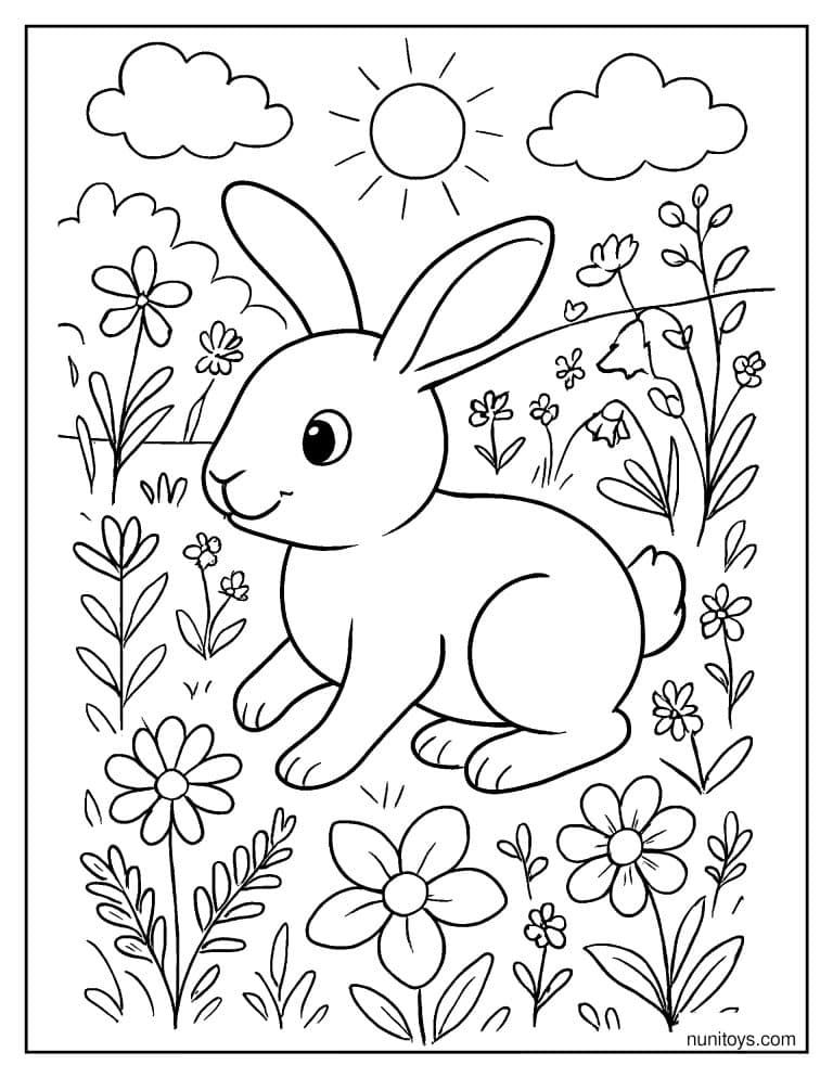 Coloriage lapin marchant dans une prairie remplie de fleurs