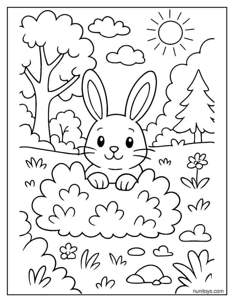 Coloriage lapin caché derrière un buisson dans la forêt