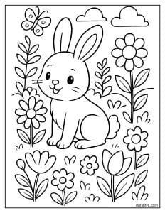 Cute Bunny Sitting Among Flowers Coloring Page