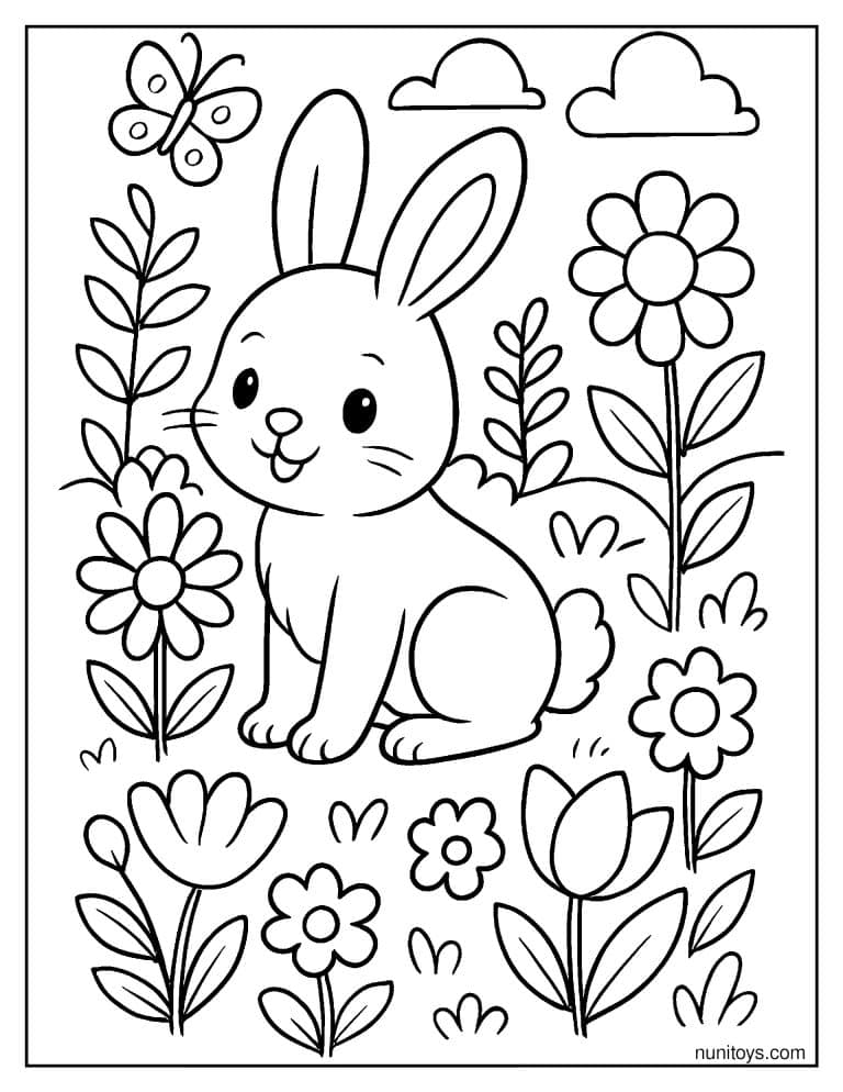 Coloriage petit lapin assis dans un jardin fleuri