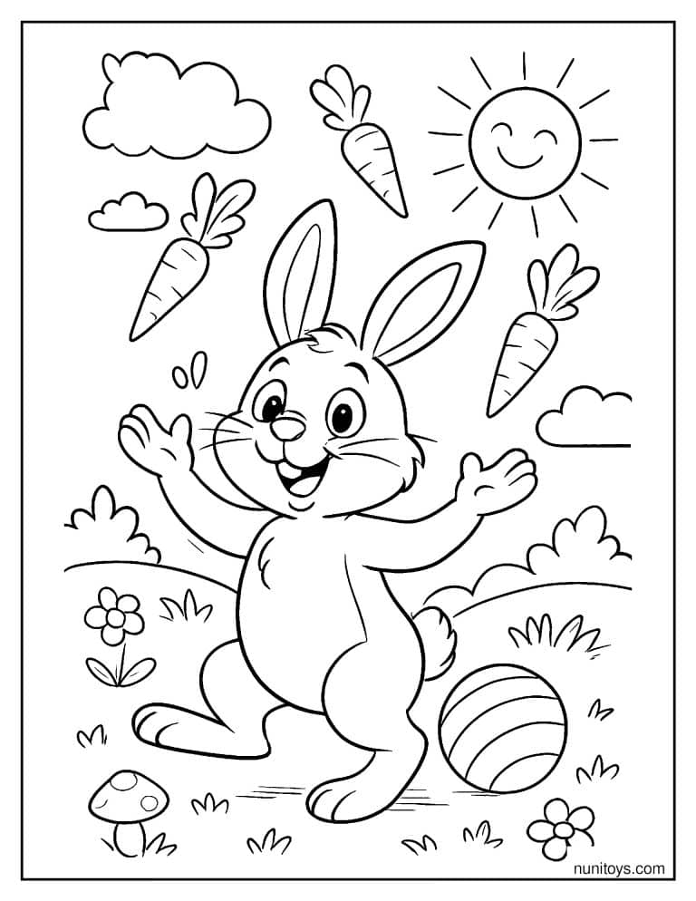 Coloriage lapin jouant avec des carottes dans la prairie