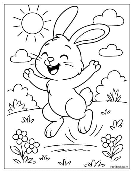 Happy Bunny Jumping with Joy in Sunny Field Coloring Page