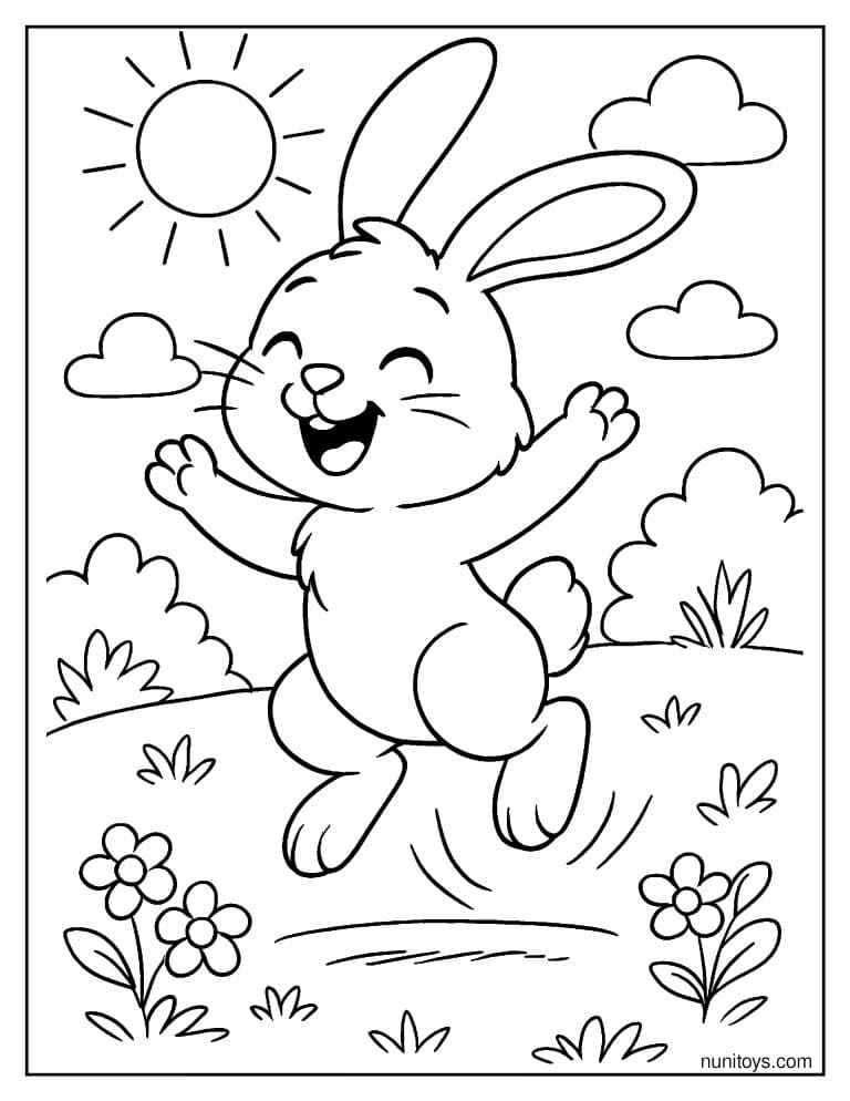 Coloriage lapin joyeux sautant dans une prairie ensoleillée