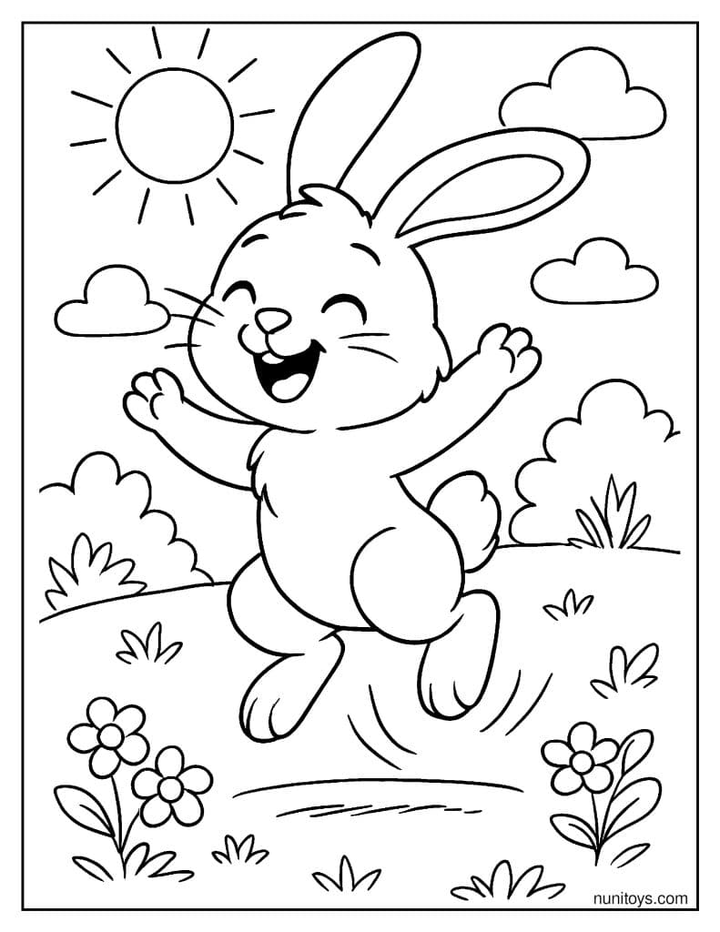 Happy Bunny Jumping with Joy in Sunny Field Coloring Page