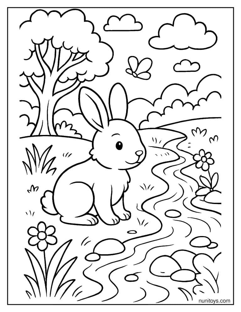 Coloriage lapin assis près d’un ruisseau dans la nature
