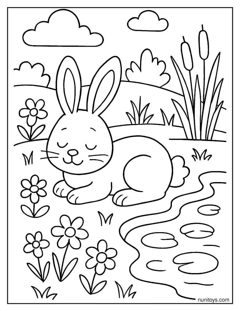 Coloriage lapin endormi au bord d’un petit étang