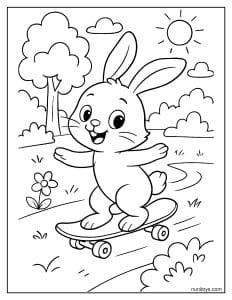 Bunny Riding Skateboard in Nature Coloring Page