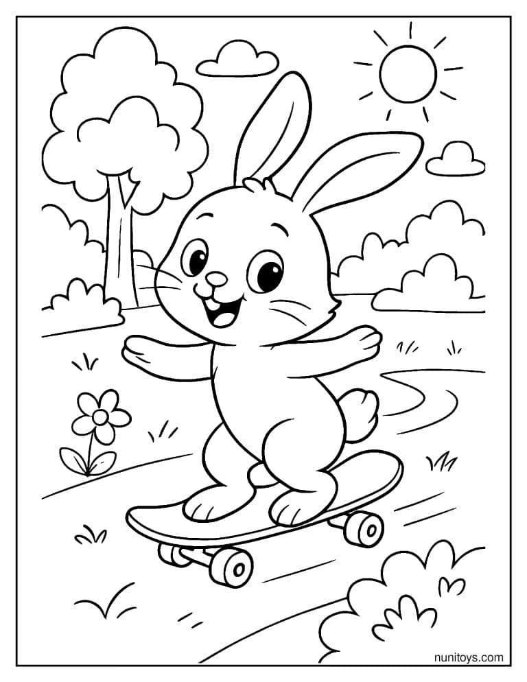 Coloriage lapin faisant du skateboard dans un parc ensoleillé