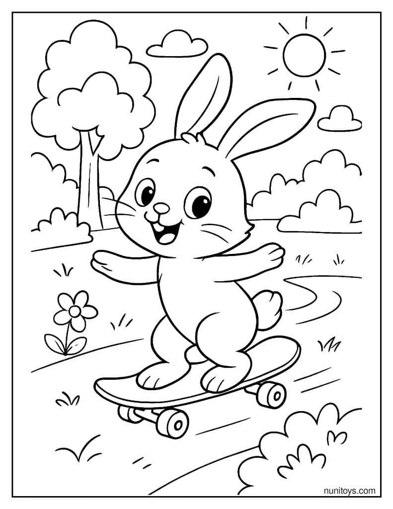 Bunny Riding Skateboard in Nature Coloring Page