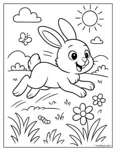 Bunny Running Through Field with Flowers Coloring Page