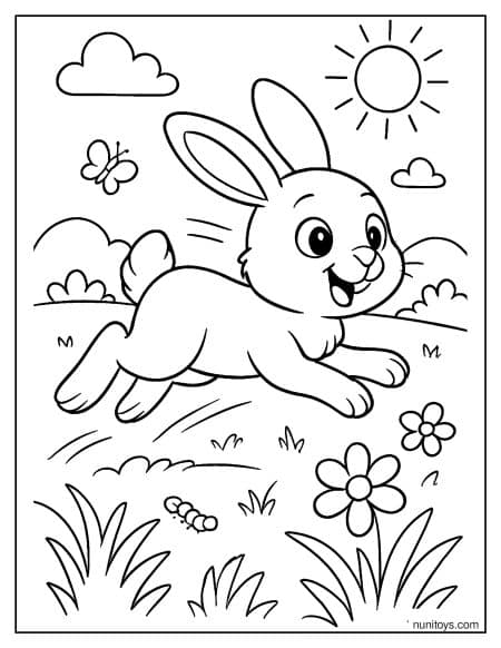 Bunny Running Through Field with Flowers Coloring Page