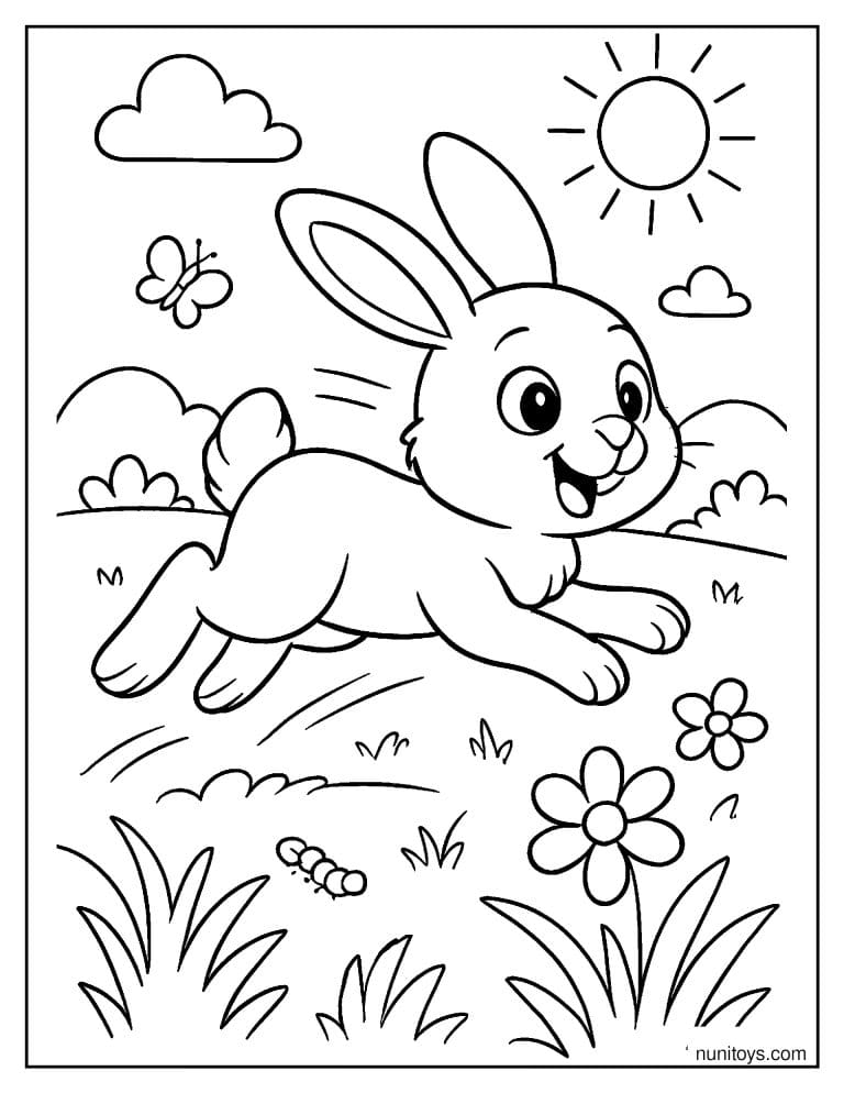 Coloriage lapin bondissant dans une prairie avec fleurs et papillon
