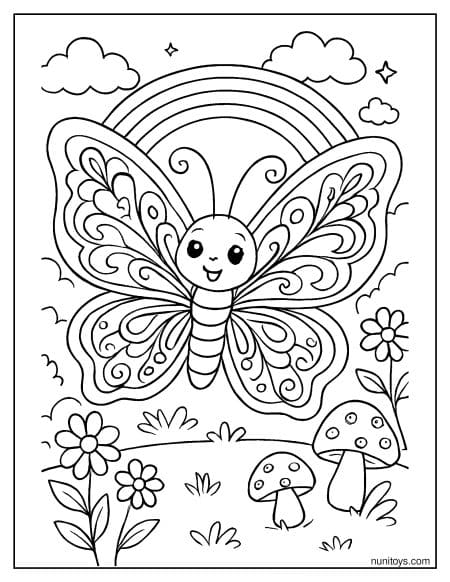דף צביעה של פרפר קסום עם כנפיים מעוצבות וקשת בענן