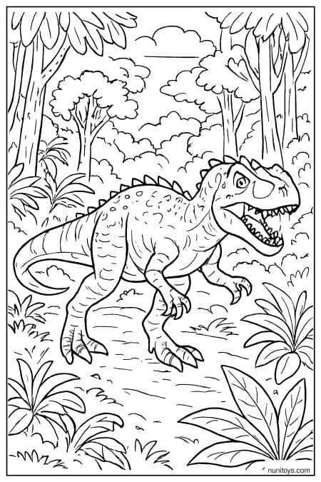 Allosaurus walks through dense prehistoric forest with tall plants Coloring Page