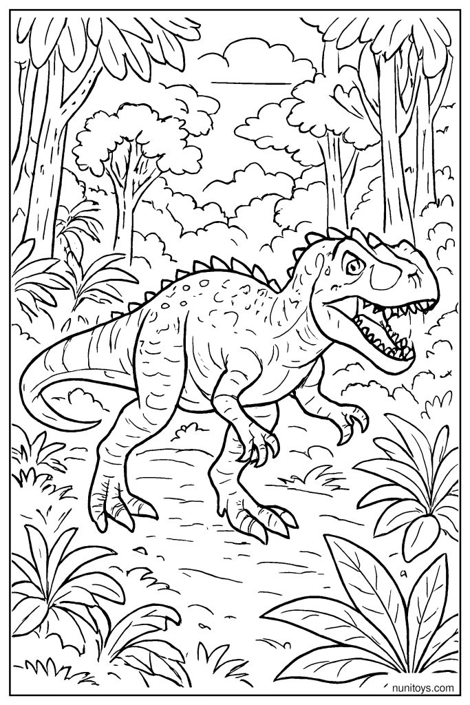 Realistic Allosaurus Hunting in a Dense Jurassic Forest Coloring Page