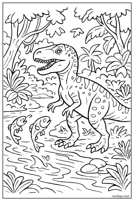 Allosaurus stands near water with fish jumping around Coloring Page