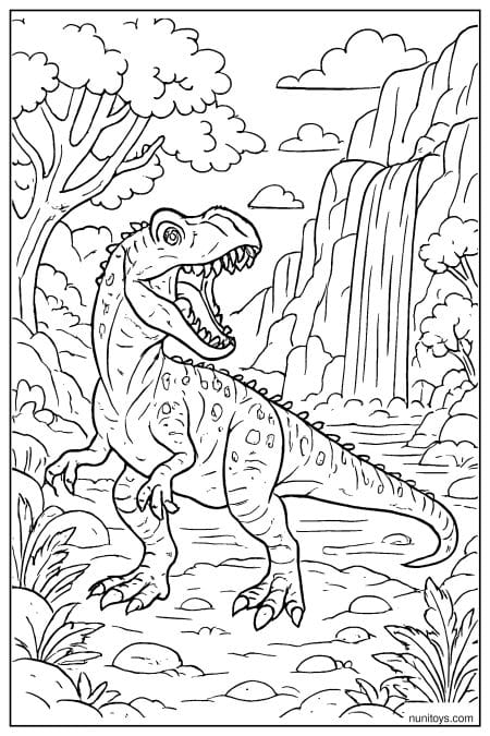 Allosaurus roars in canyon with cliffs and open sky Coloring Page