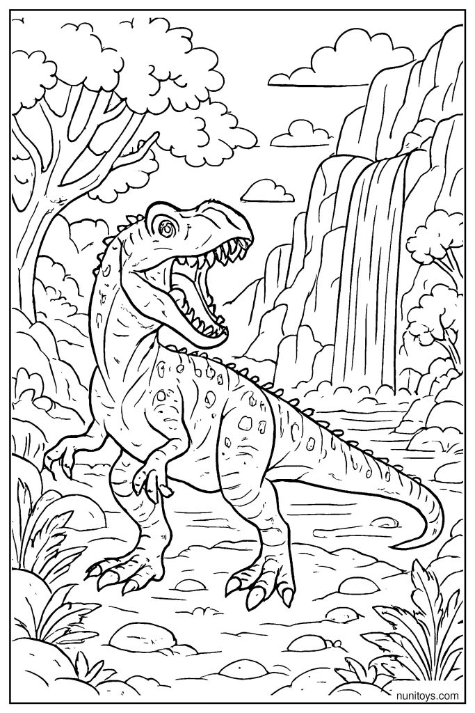 Realistic Allosaurus Roaring by a Waterfall Coloring Page