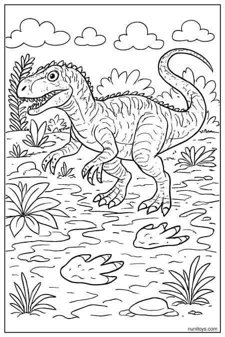 Allosaurus walks through muddy ground with footprints and plants Coloring Page