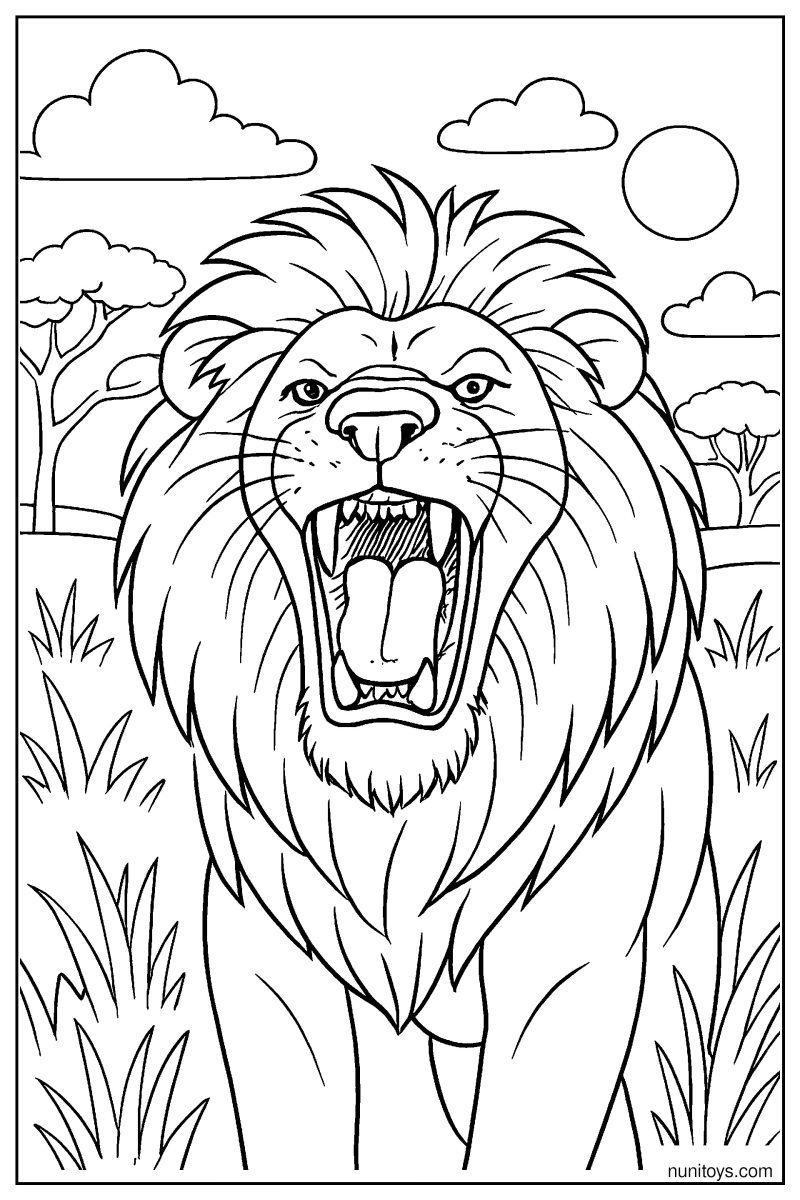 Realistic Close-Up Lion Roaring Coloring Page