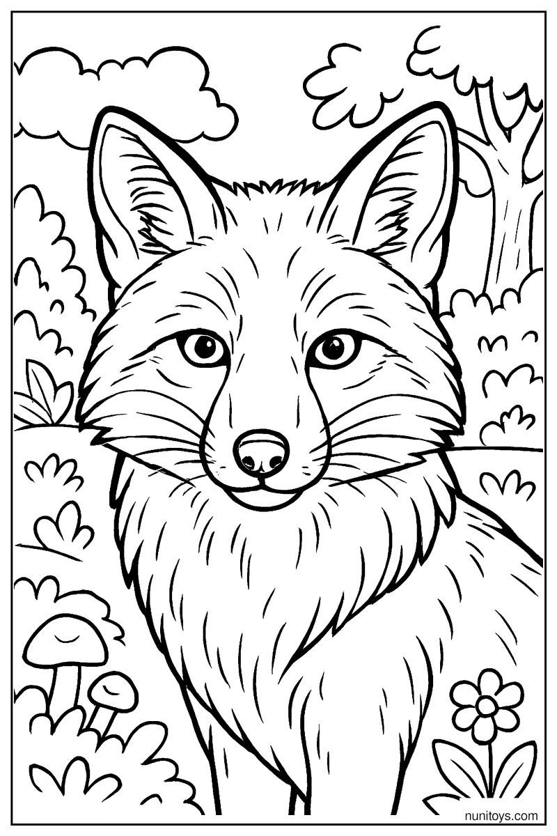 Realistic Fox Close-Up: Fur Texture and Sharp Eyes Coloring Page