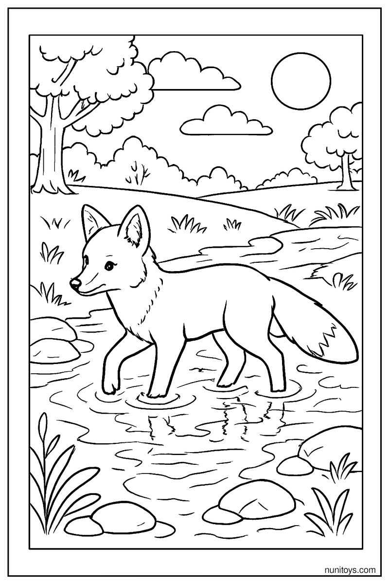 Realistic Fox Crossing a River Coloring Page