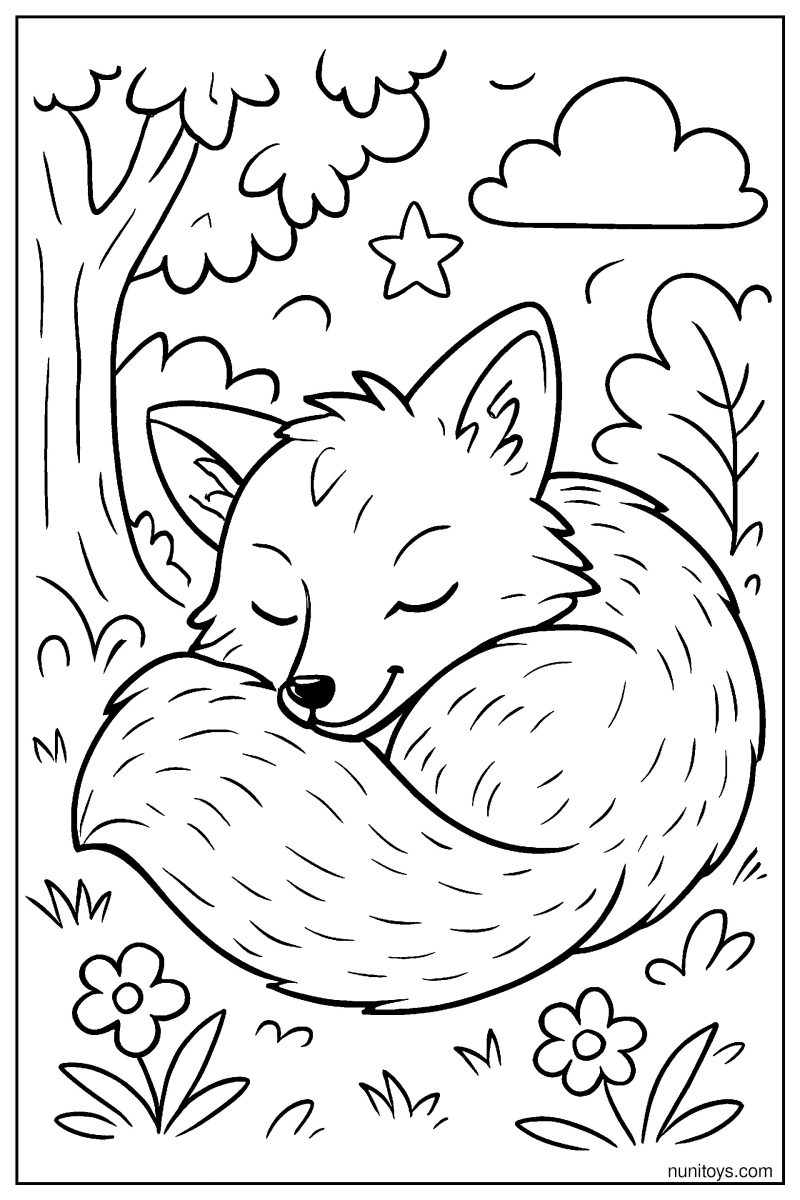 Realistic Fox Curled Up Sleeping: Detailed Fur Coloring Page