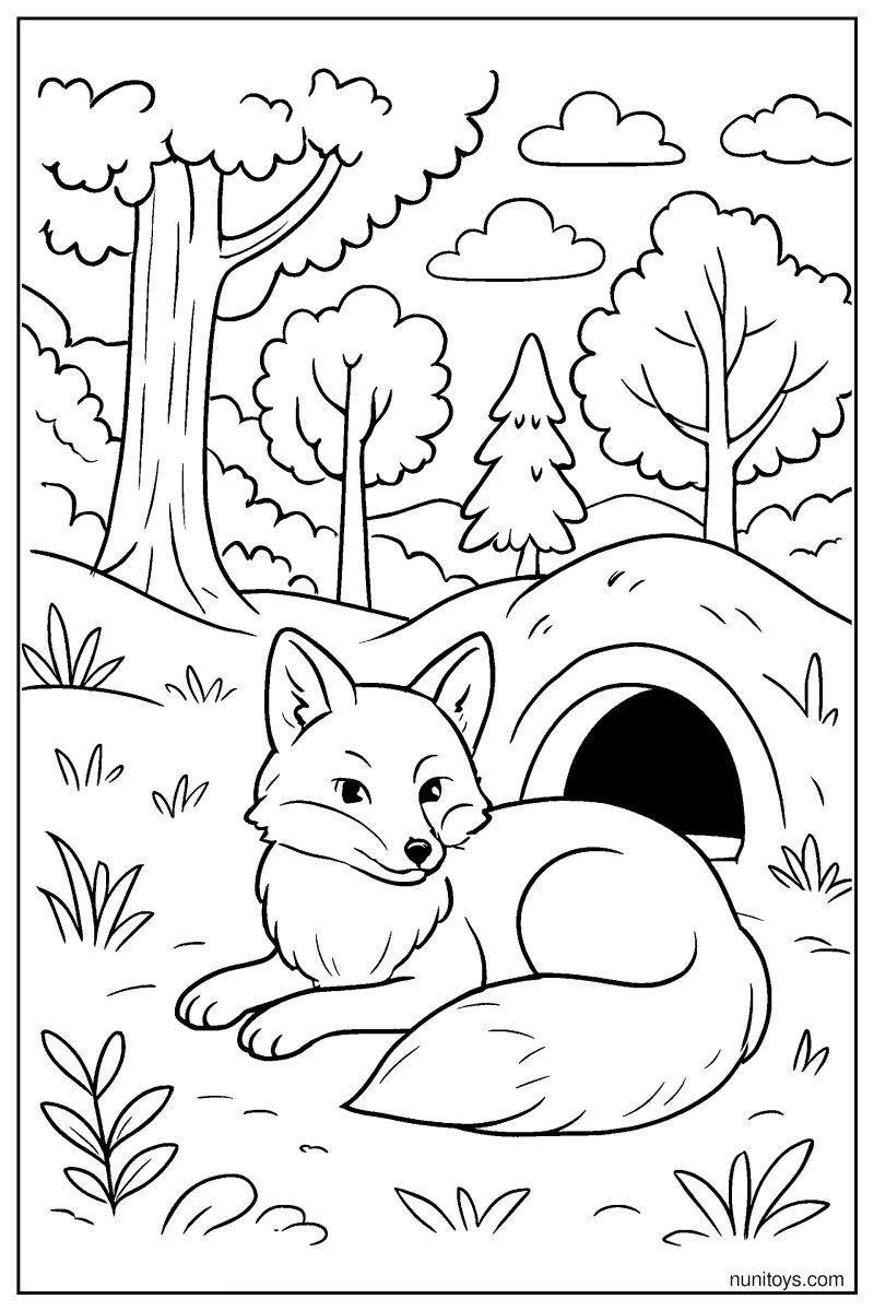 Realistic Fox Resting Near Its Den in a Forest Coloring Page
