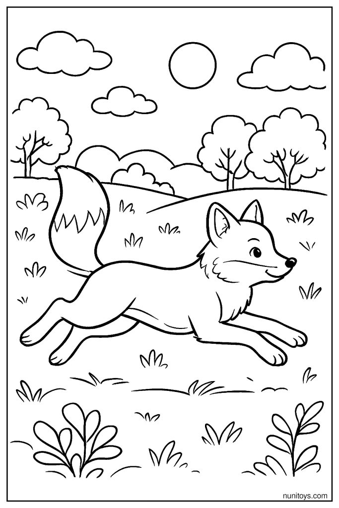 Realistic Fox Running Across Open Field Coloring Page