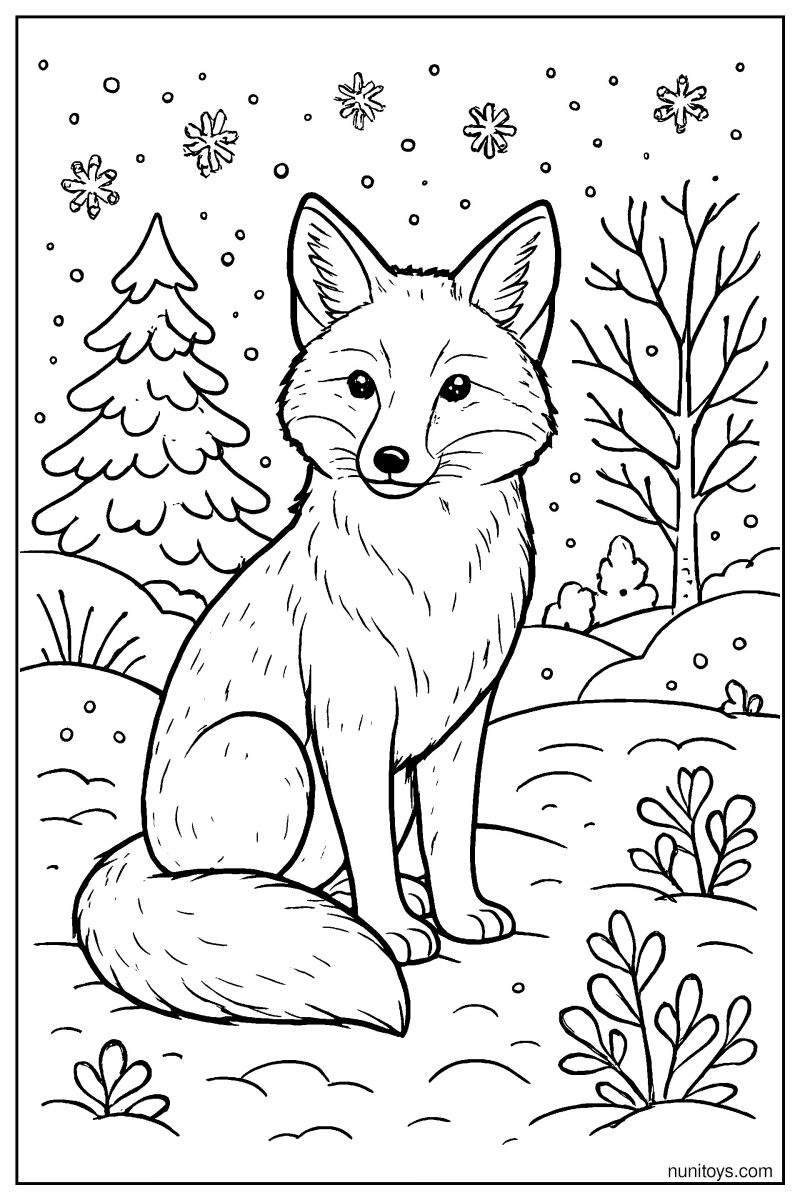 Realistic Fox Sitting in Snow: Winter Scene Coloring Page